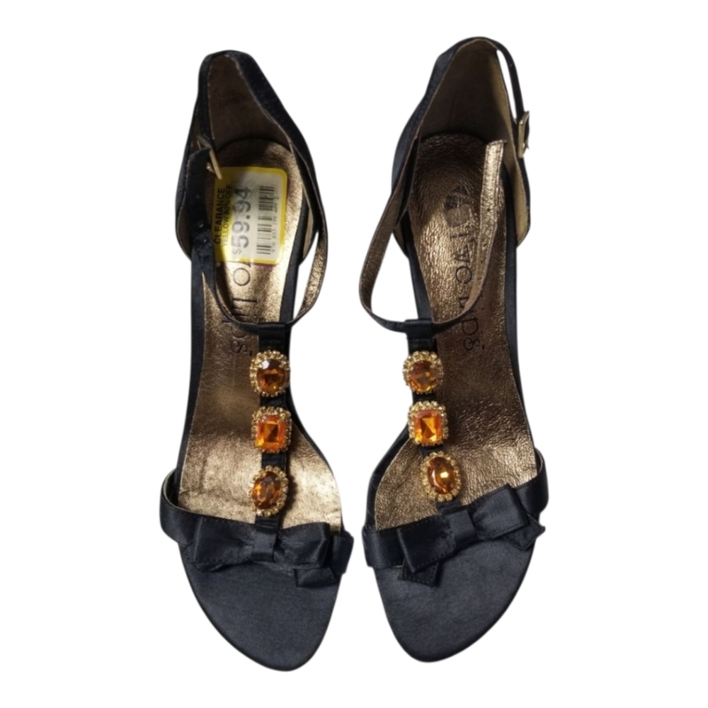 Two lips black sandals with burnt orange rhinstones